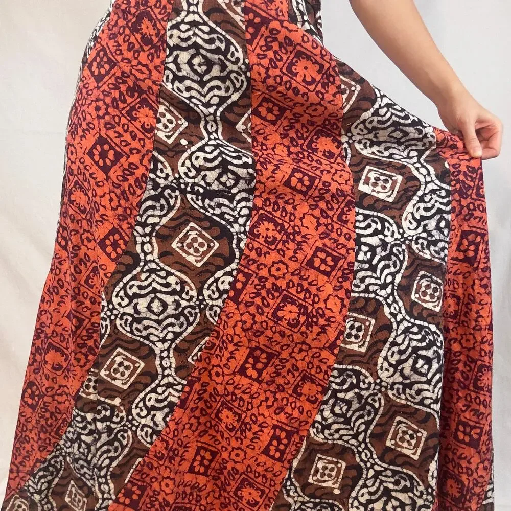 Vintage 1970s Red Brown Block Print Cotton Maxi Skirt Bias Cut Boho Swirler 25W